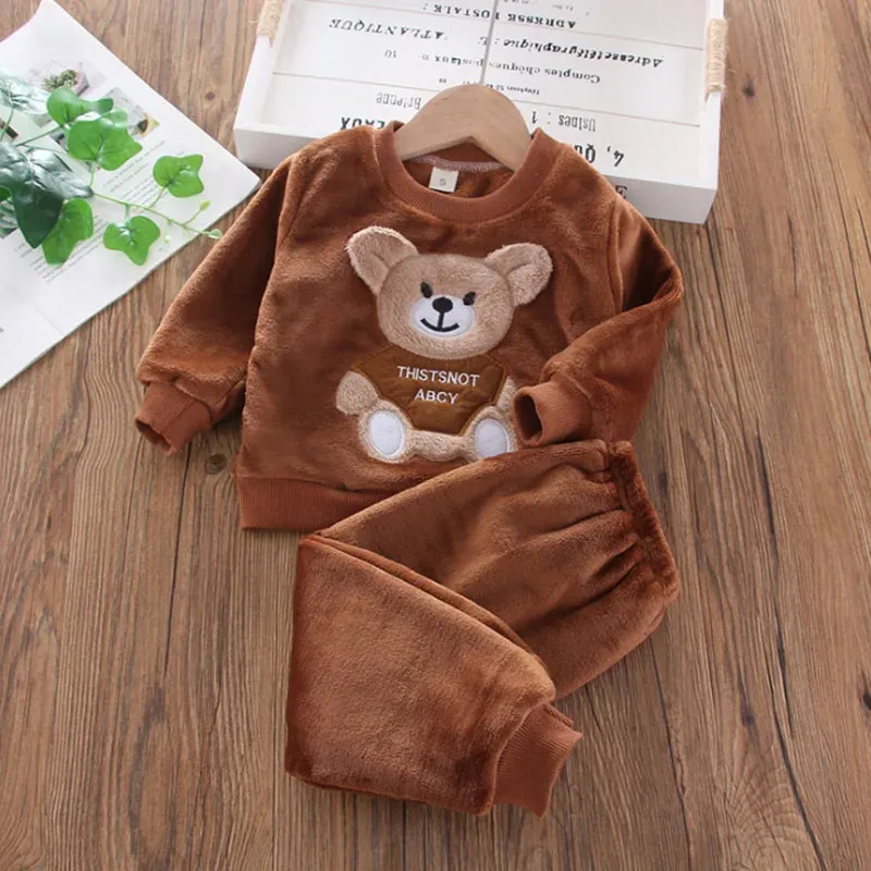 Winter Baby Girls Boys Flannel Fleece Homewear Sets, Cartoon Bear Pajamas for Kids, Autumn Fashion Sleepwear for Children thumbnail 3