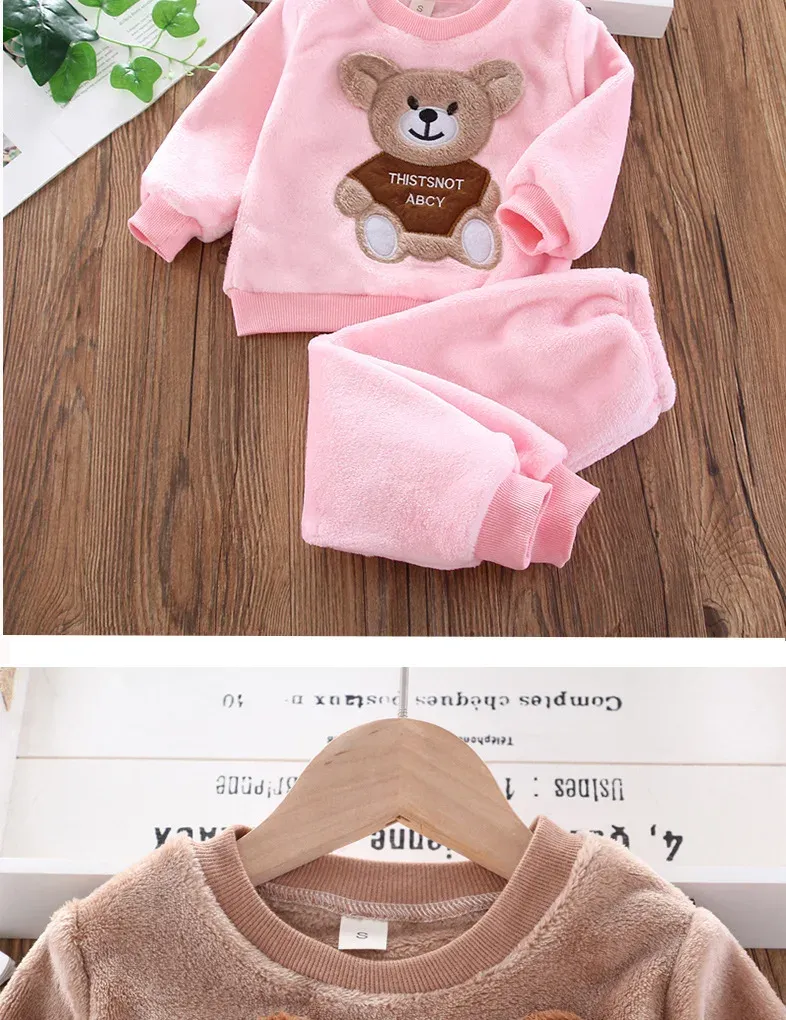 Winter Baby Girls Boys Flannel Fleece Homewear Sets, Cartoon Bear Pajamas for Kids, Autumn Fashion Sleepwear for Children showcase 18