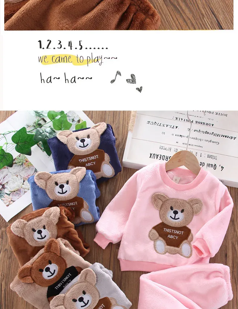 Winter Baby Girls Boys Flannel Fleece Homewear Sets, Cartoon Bear Pajamas for Kids, Autumn Fashion Sleepwear for Children showcase 7