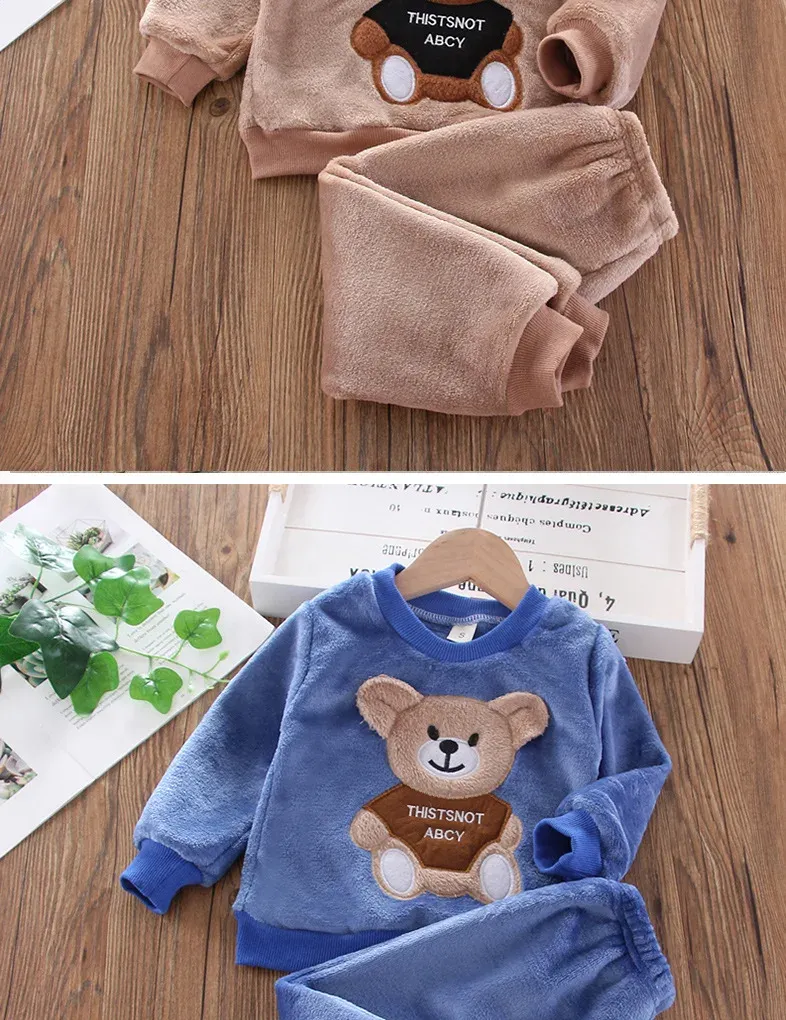 Winter Baby Girls Boys Flannel Fleece Homewear Sets, Cartoon Bear Pajamas for Kids, Autumn Fashion Sleepwear for Children showcase 15