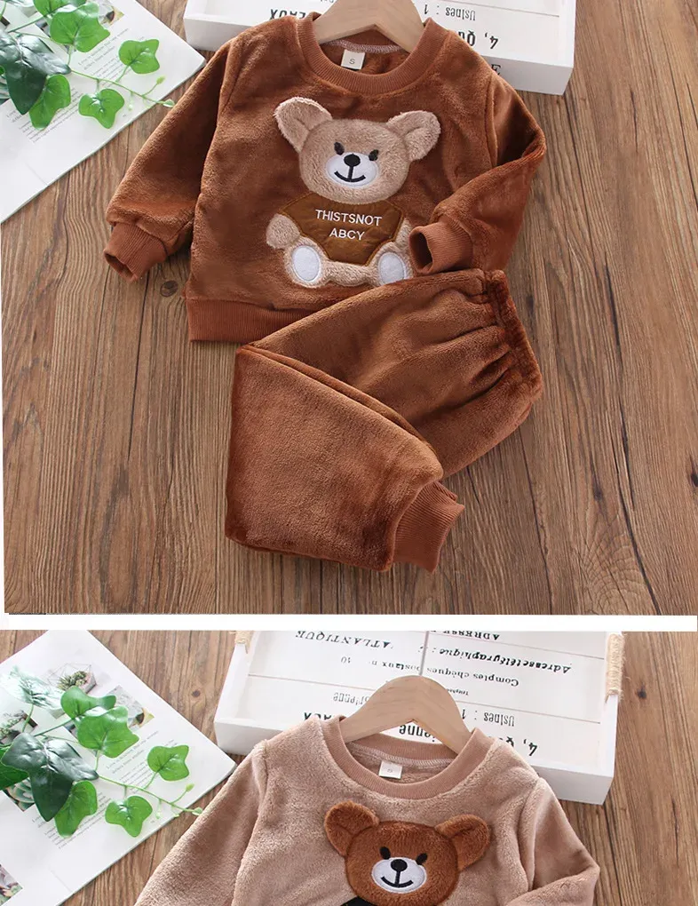 Winter Baby Girls Boys Flannel Fleece Homewear Sets, Cartoon Bear Pajamas for Kids, Autumn Fashion Sleepwear for Children showcase 14
