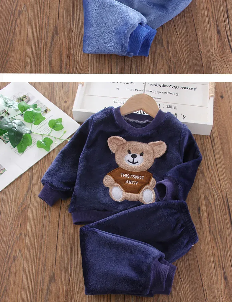 Winter Baby Girls Boys Flannel Fleece Homewear Sets, Cartoon Bear Pajamas for Kids, Autumn Fashion Sleepwear for Children showcase 16