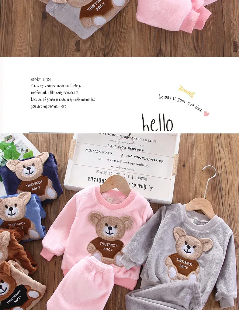 Winter Baby Girls Boys Flannel Fleece Homewear Sets, Cartoon Bear Pajamas for Kids, Autumn Fashion Sleepwear for Children showcase 8