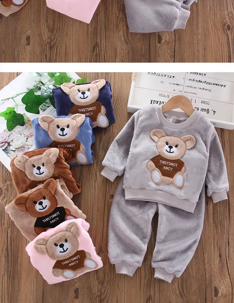 Winter Baby Girls Boys Flannel Fleece Homewear Sets, Cartoon Bear Pajamas for Kids, Autumn Fashion Sleepwear for Children showcase 9