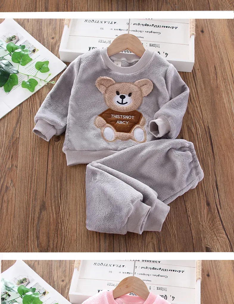 Winter Baby Girls Boys Flannel Fleece Homewear Sets, Cartoon Bear Pajamas for Kids, Autumn Fashion Sleepwear for Children showcase 17