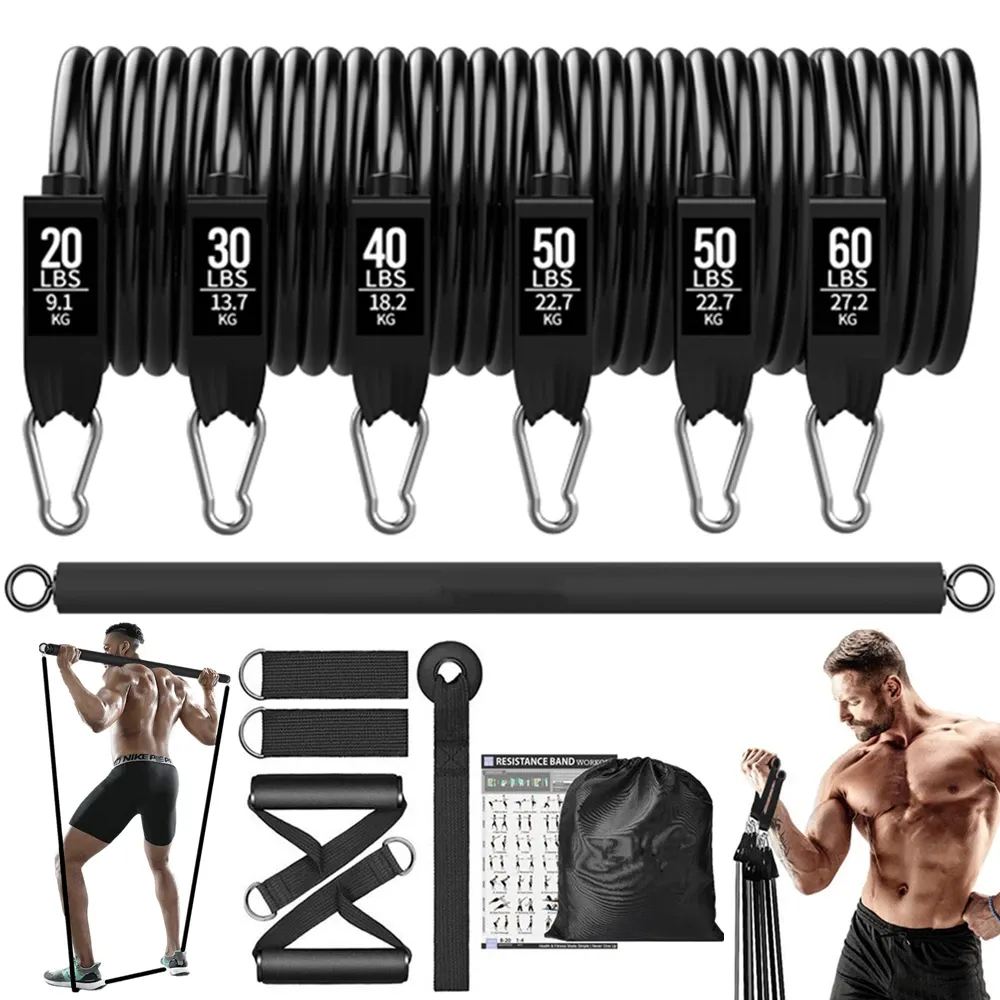 Portable Workout Bar with Resistance Bands Set - Full Body Home Gym Equipment for Pilates, Yoga, Strength Training, Bicep Curls, Squats, and More