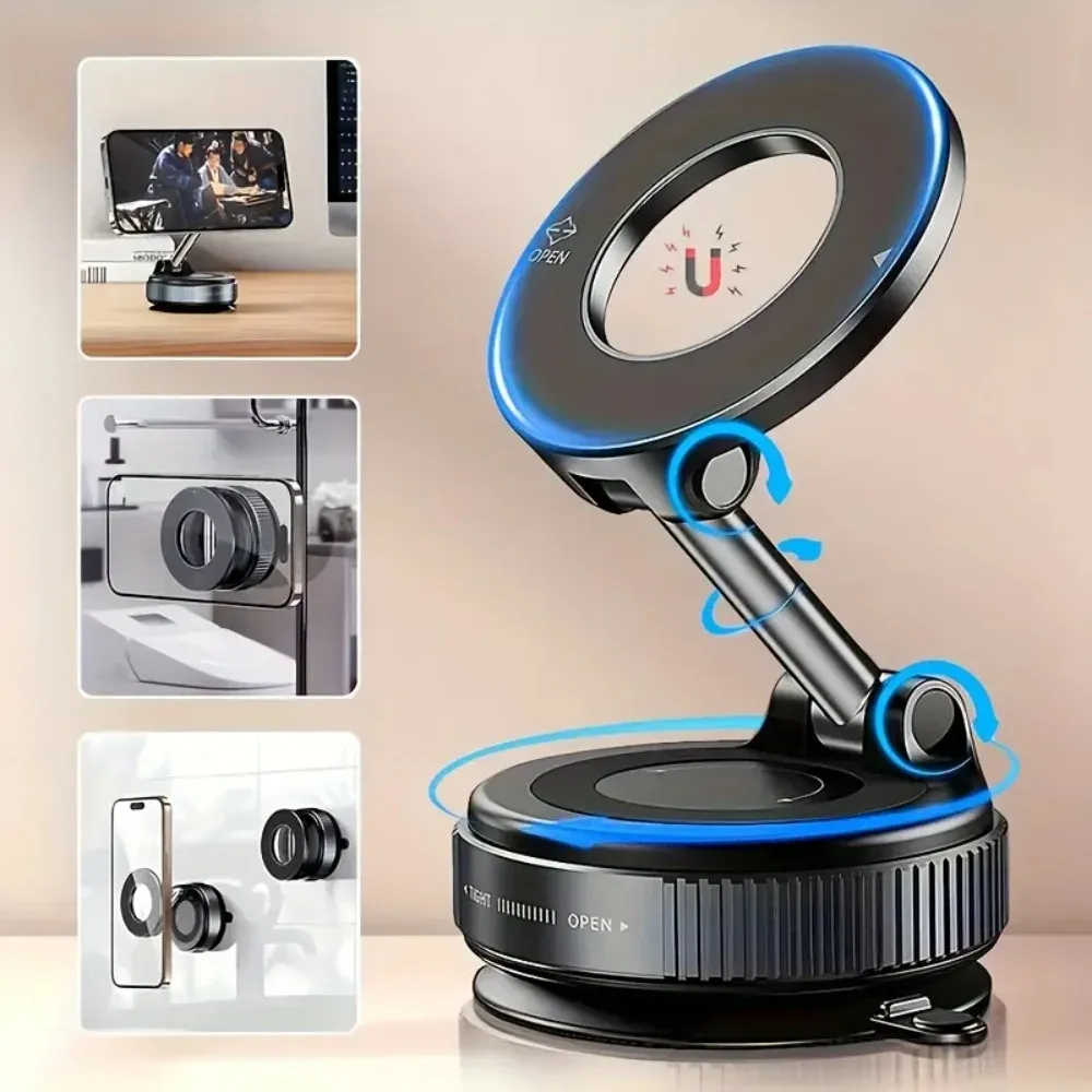 Universal Magnetic Car Phone Holder Mount with 360° Rotation, Mechanical Vacuum Suction Cup, Durable Metal Construction for Secure Navigation