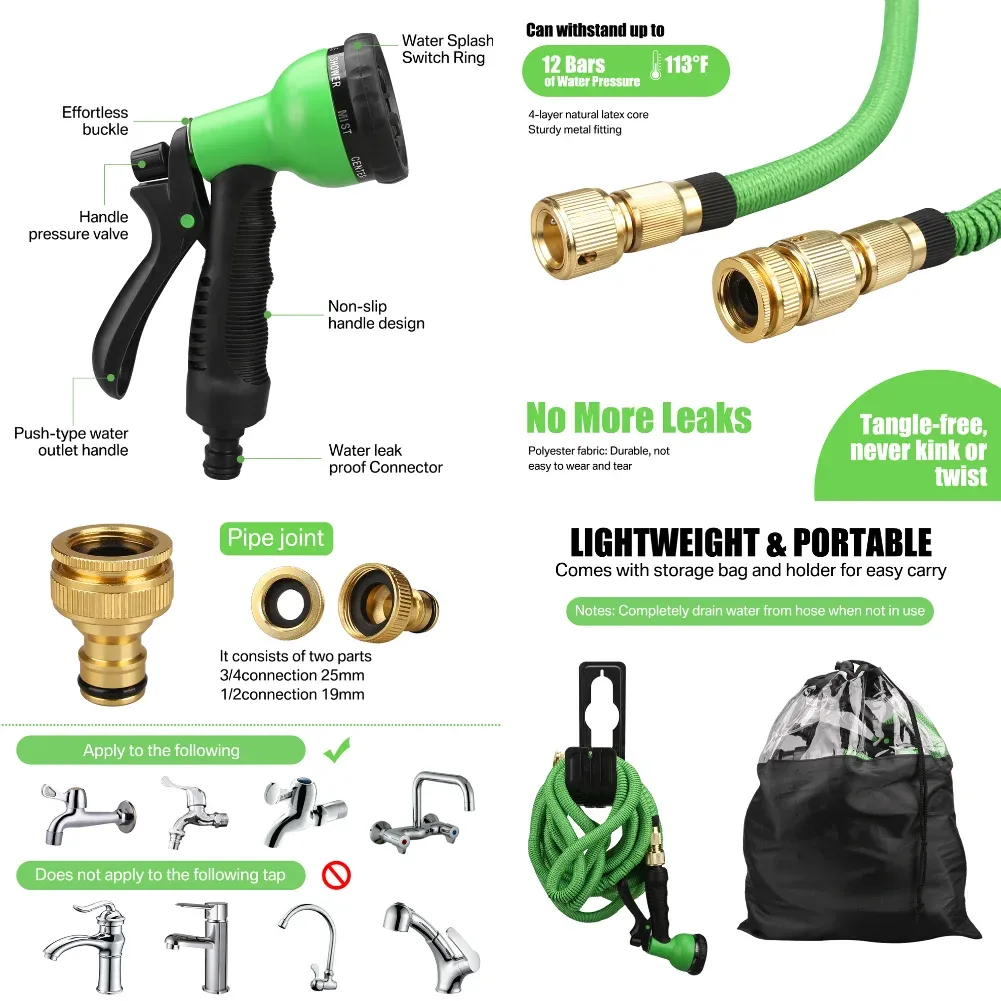 Expandable Garden Water Hose Kit 50-100FT, Durable PVC with Metal Connectors & 8-Pattern Spray Gun for Car Wash, Yard Irrigation, Home Cleaning thumbnail 5