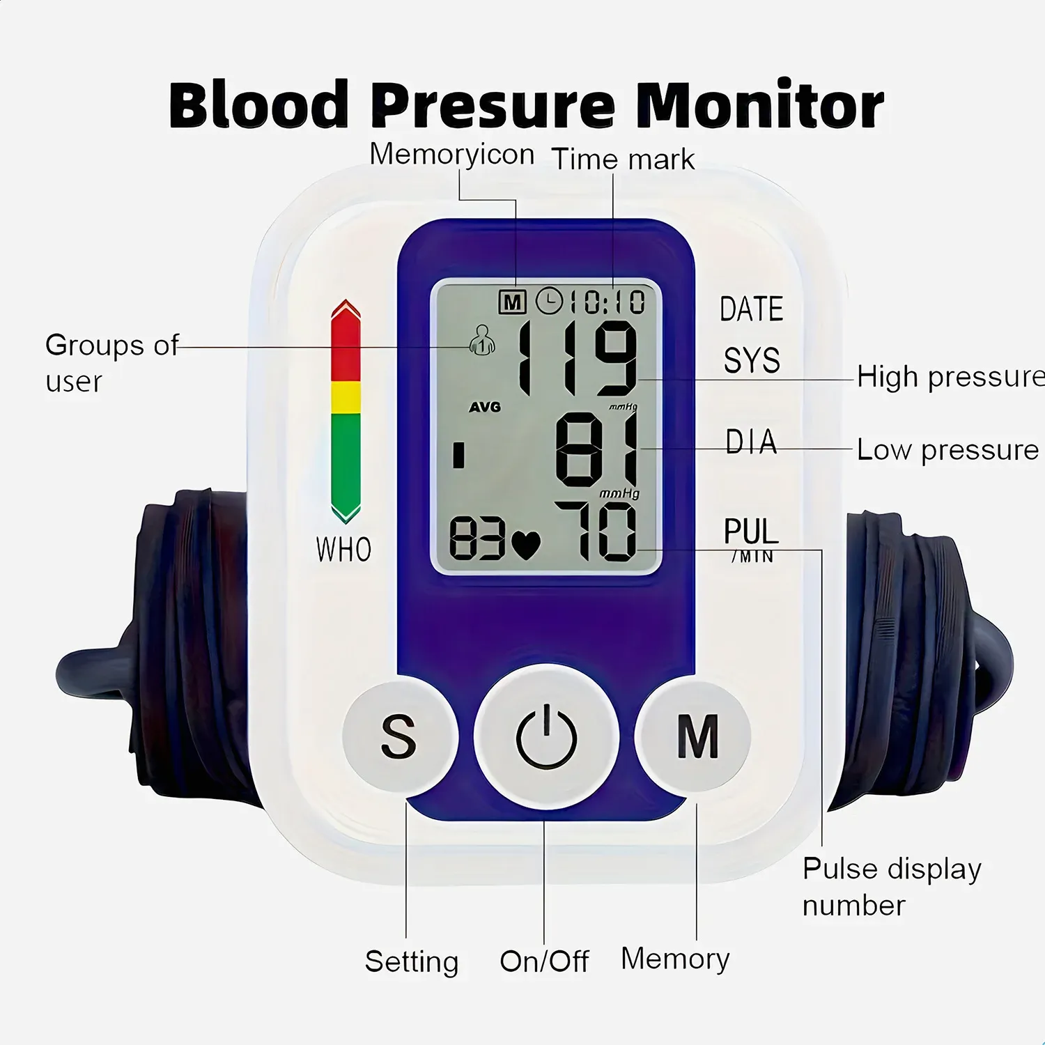 Automatic Digital Arm Blood Pressure Monitor Kit - Accurate BP Tonometer with Heart Rate Pulse Meter, Large Cuff (22-32cm), Battery & USB Powered for Home Use thumbnail 5