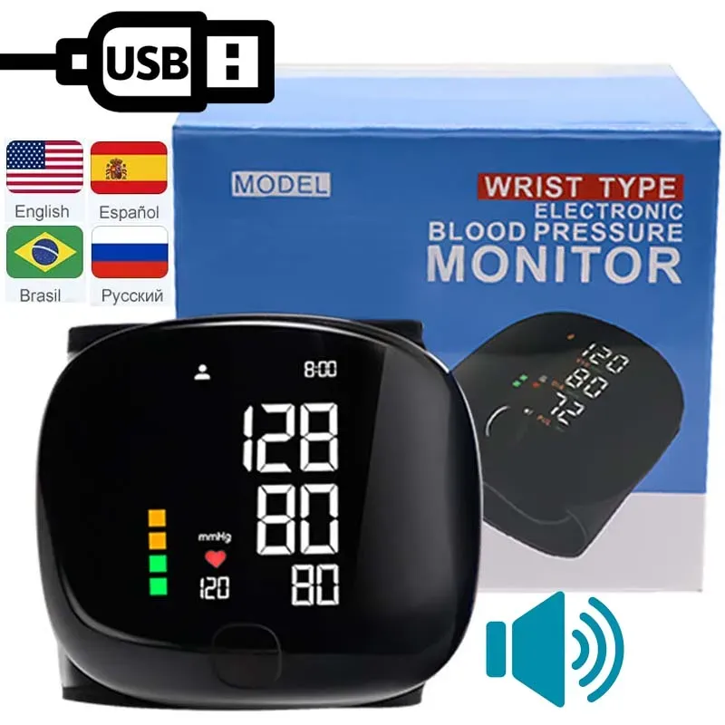 Rechargeable LED Wrist Blood Pressure Monitor with English Voice Broadcast - Accurate Sphygmomanometer Tonometer for Home Health Monitoring