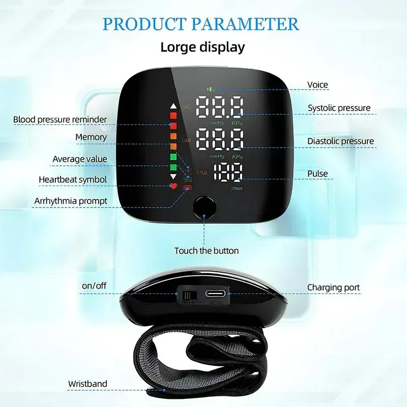 Rechargeable LED Wrist Blood Pressure Monitor with English Voice Broadcast - Accurate Sphygmomanometer Tonometer for Home Health Monitoring thumbnail 6