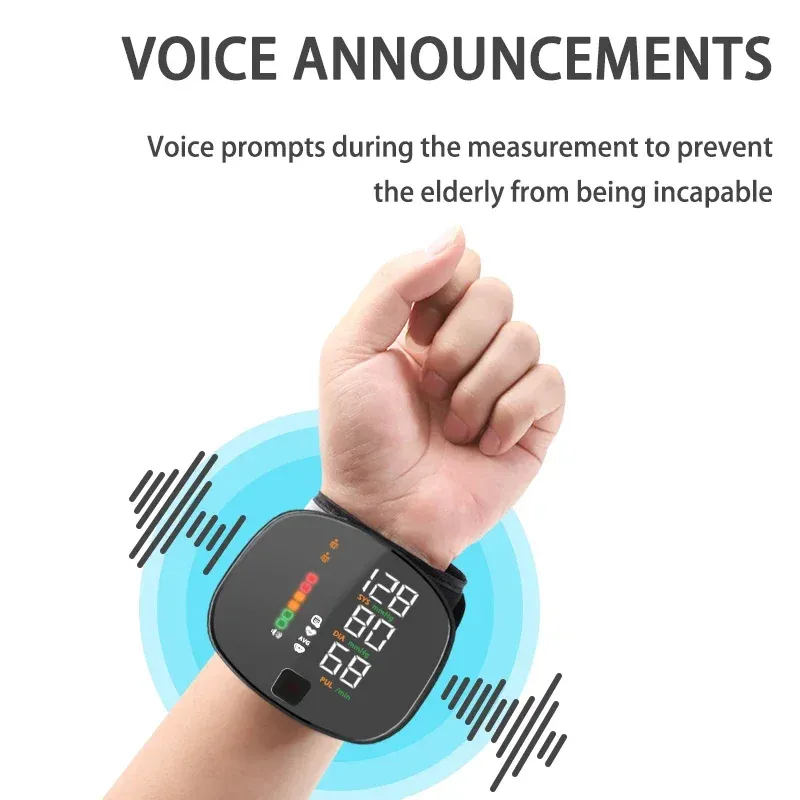 Rechargeable LED Wrist Blood Pressure Monitor with English Voice Broadcast - Accurate Sphygmomanometer Tonometer for Home Health Monitoring showcase 1