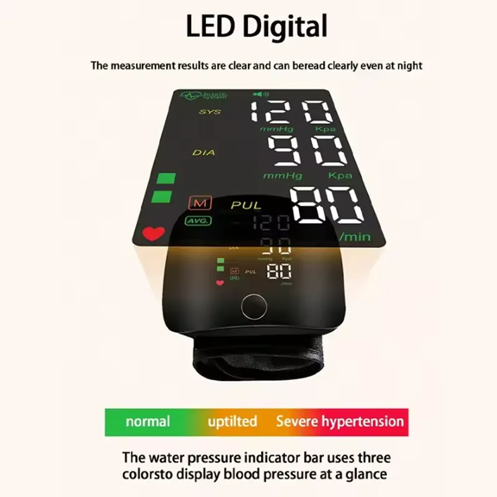 Rechargeable LED Digital Blood Pressure Monitor - Automatic Wrist Sphygmomanometer with Large LCD Screen for Accurate Heart Rate and BP Readings thumbnail 3