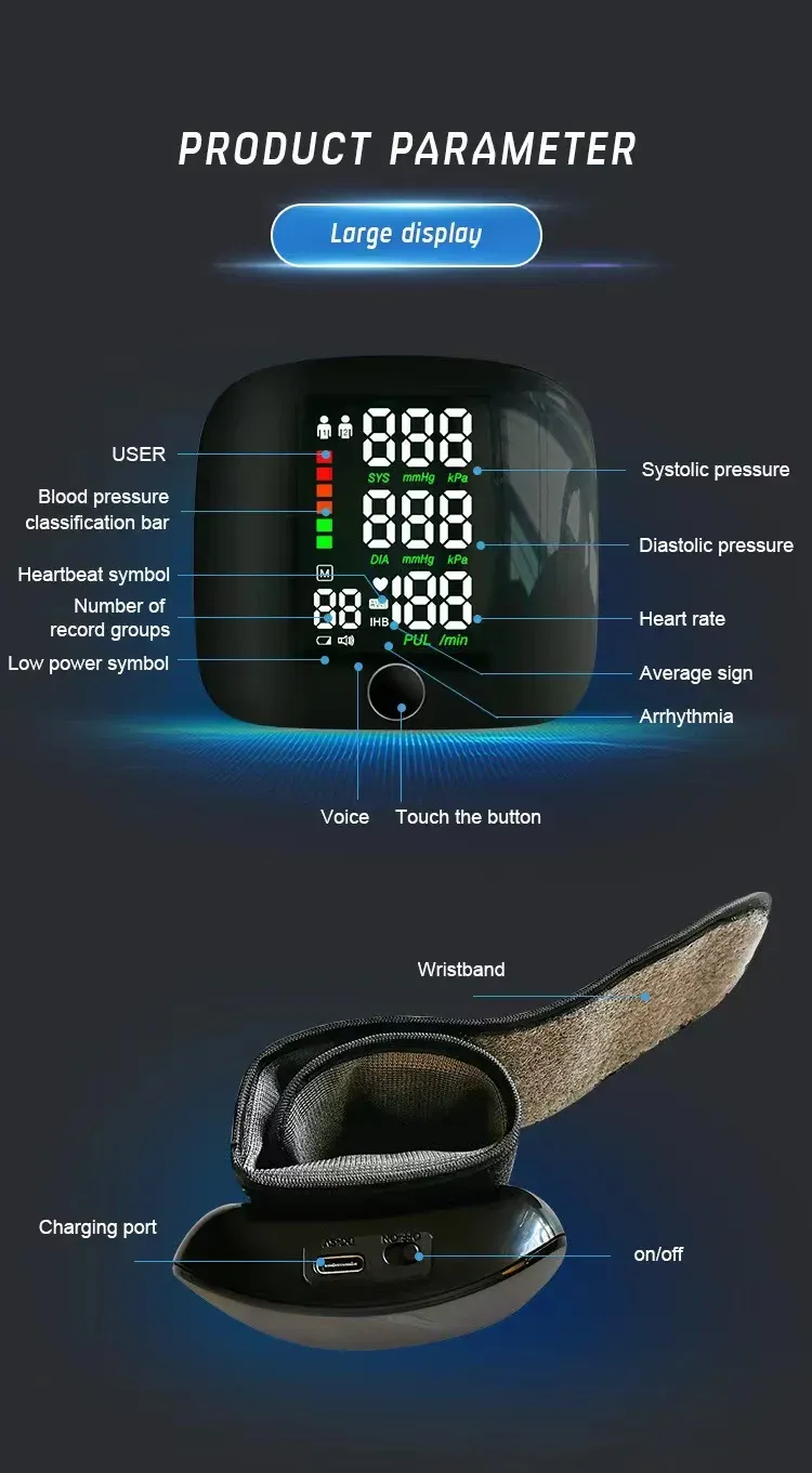 Rechargeable LED Digital Blood Pressure Monitor - Automatic Wrist Sphygmomanometer with Large LCD Screen for Accurate Heart Rate and BP Readings showcase 4