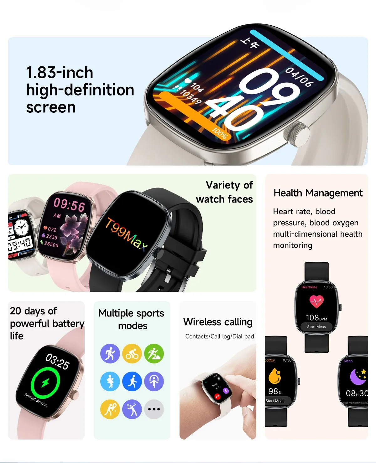 T99 Promax Smart Watch for Men & Women: 1.83" HD Color Screen, Bluetooth Calls, Health Monitoring (Blood Oxygen/Pressure), Fitness Tracker, IP67 Waterproof, Compatible with Android & iOS showcase 2