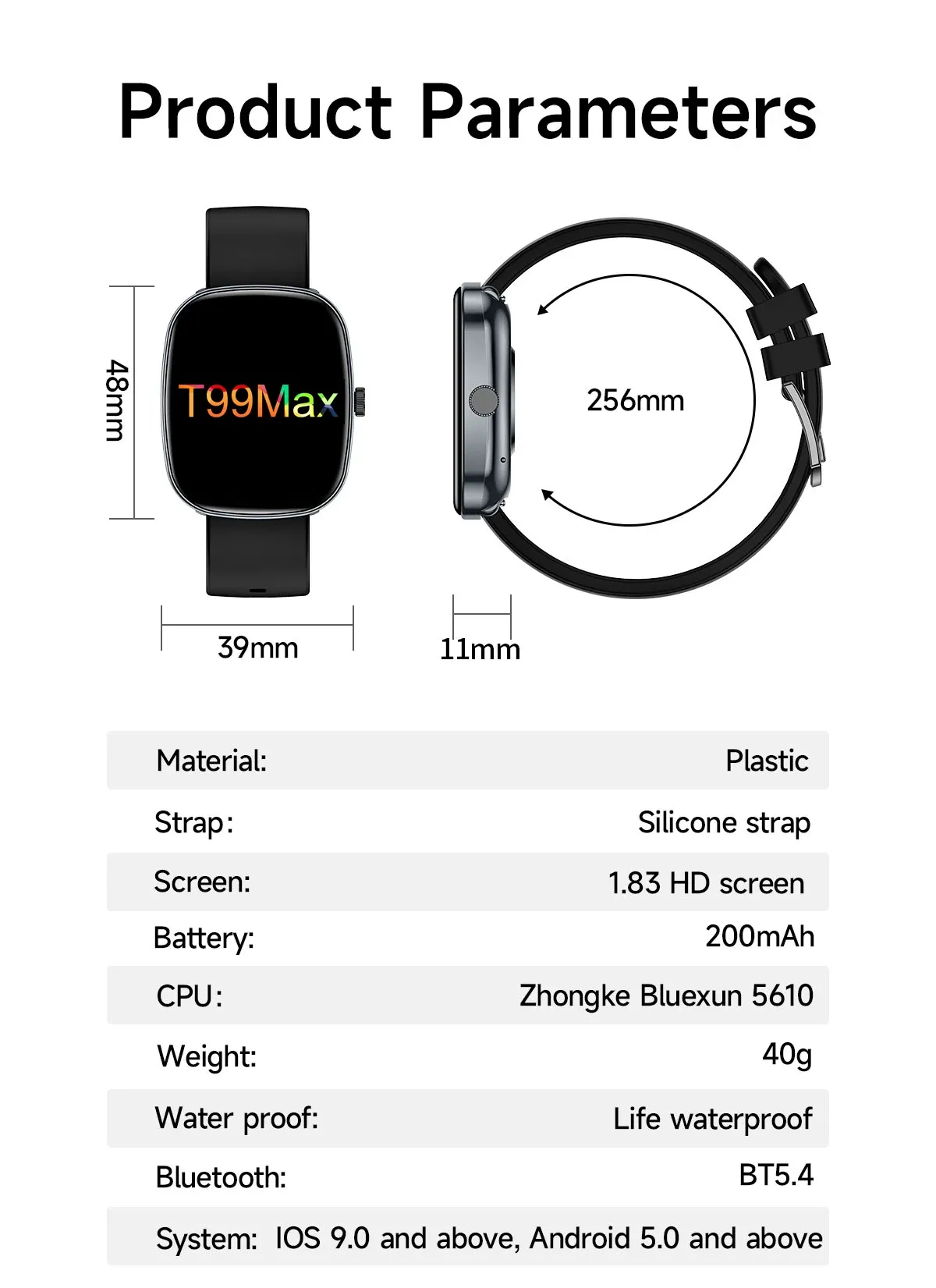 T99 Promax Smart Watch for Men & Women: 1.83" HD Color Screen, Bluetooth Calls, Health Monitoring (Blood Oxygen/Pressure), Fitness Tracker, IP67 Waterproof, Compatible with Android & iOS showcase 19