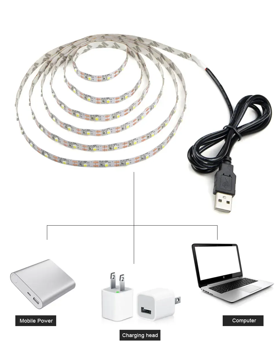 DC 5V USB LED Strip Lights 2835/5050 SMD, White/RGB, Flexible Tape for TV Background, Home Decor, Computer, Laptop, Car - 1-15m showcase 1