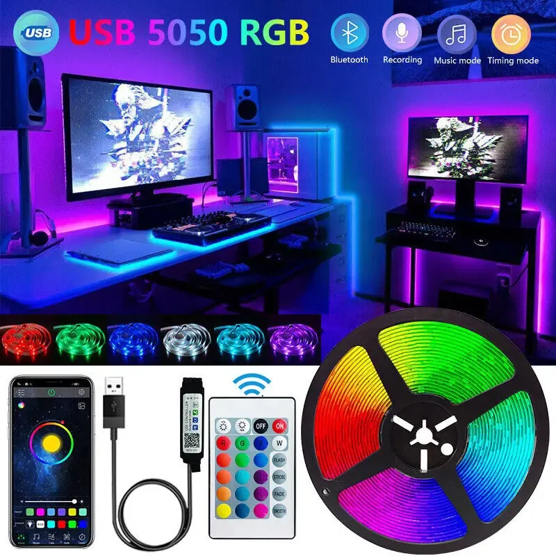 Bluetooth LED Strip Lights 5050 SMD Smart App Remote Control Flexible Ribbon Tape for TV Backlights, Game Room, Home Decor, 5M Length