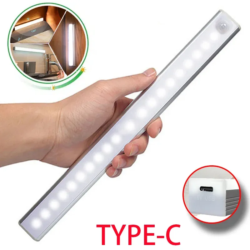 Wireless LED Motion Sensor Light, Type-C Rechargeable Cabinet Wardrobe Lamp, Staircase Night Light for Kitchen, Adjustable Brightness, PIR Sensor