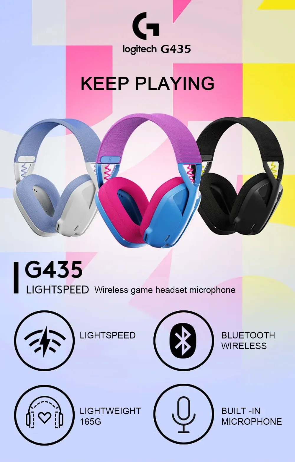 Logitech G435 LIGHTSPEED Wireless Gaming Headset: USB Bluetooth/2.4GHz, 18-Hour Battery, Beamforming Mic, Lightweight 165g, PC/PS5/Mobile Compatible showcase 1