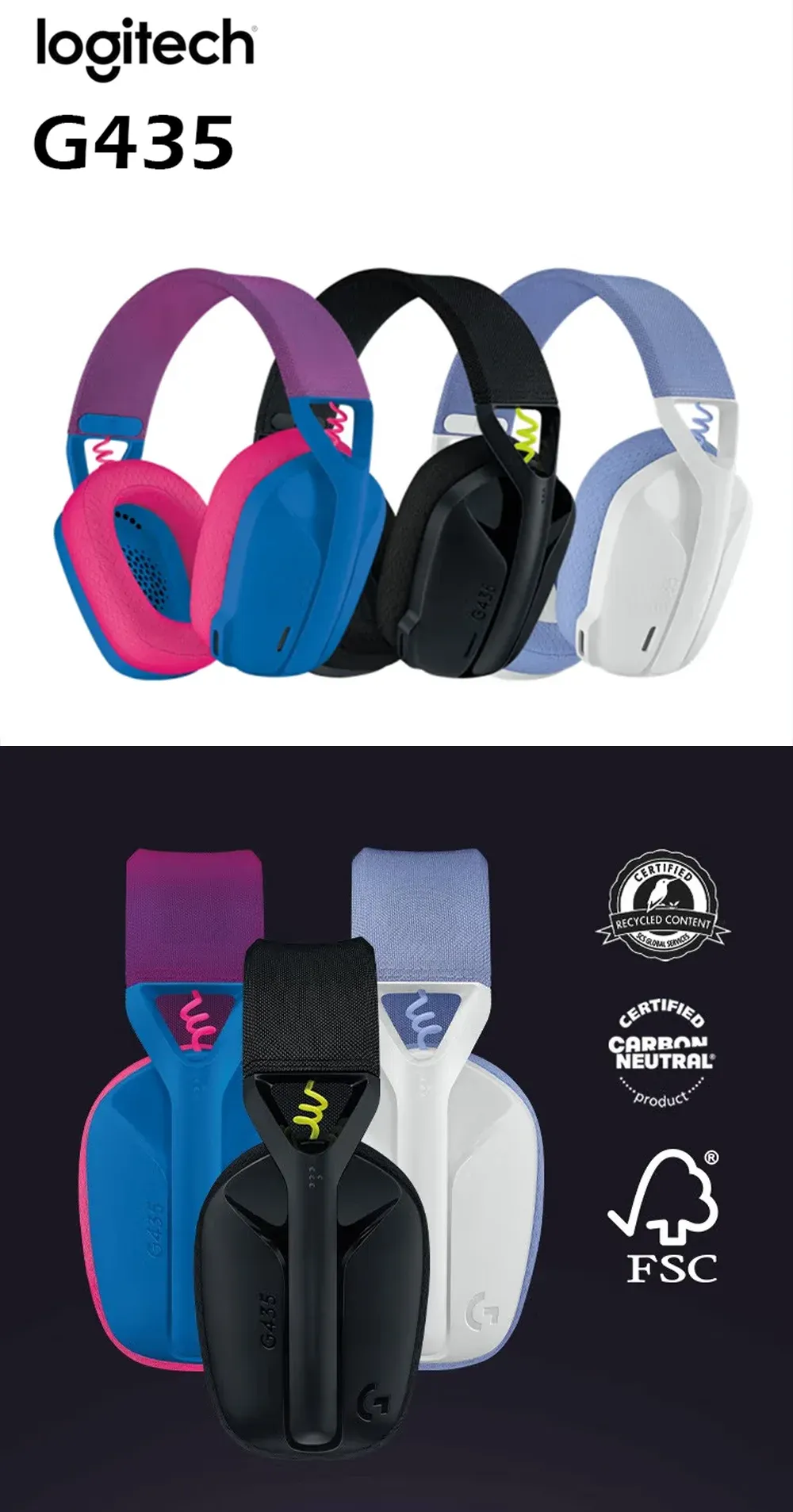 Logitech G435 LIGHTSPEED Wireless Gaming Headset: USB Bluetooth/2.4GHz, 18-Hour Battery, Beamforming Mic, Lightweight 165g, PC/PS5/Mobile Compatible showcase 6