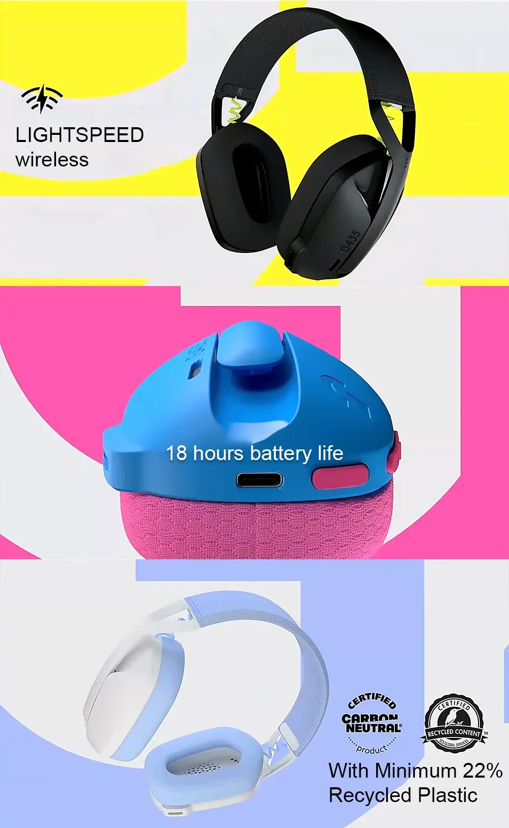 Logitech G435 LIGHTSPEED Wireless Gaming Headset: USB Bluetooth/2.4GHz, 18-Hour Battery, Beamforming Mic, Lightweight 165g, PC/PS5/Mobile Compatible showcase 3