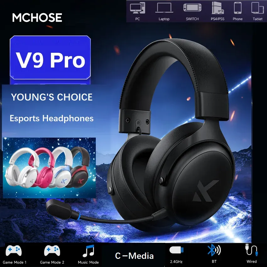 MCHOSE V9 PRO Esports Gaming Headphones: 3-Mode Wireless, AI Noise Reduction, 7.1 Surround Sound, 53mm Drivers, 2000mAh Battery, Customizable EQ for PC, PS4, PS5, Switch, MAC