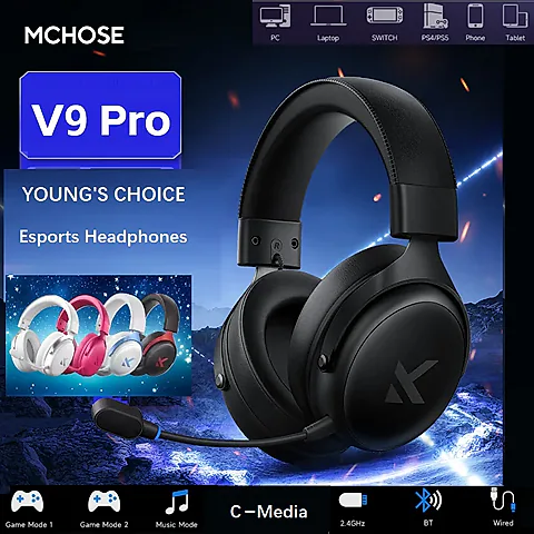 MCHOSE V9 PRO Esports Gaming Headphones: 3-Mode Wireless, AI Noise Reduction, 7.1 Surround Sound, 53mm Drivers, 2000mAh Battery, Customizable EQ for PC, PS4, PS5, Switch, MAC
