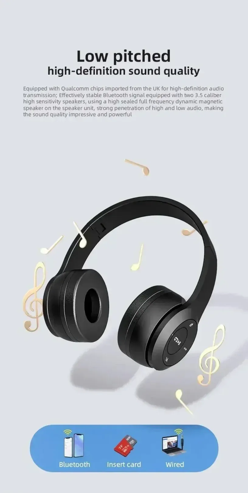 Wireless Bluetooth 5.0 Headphones with TF Card & Wired Option - Foldable Over-Ear Headset for Sports, Gaming, and Calls - Compatible with Huawei, Xiaomi, Apple, Android showcase 3