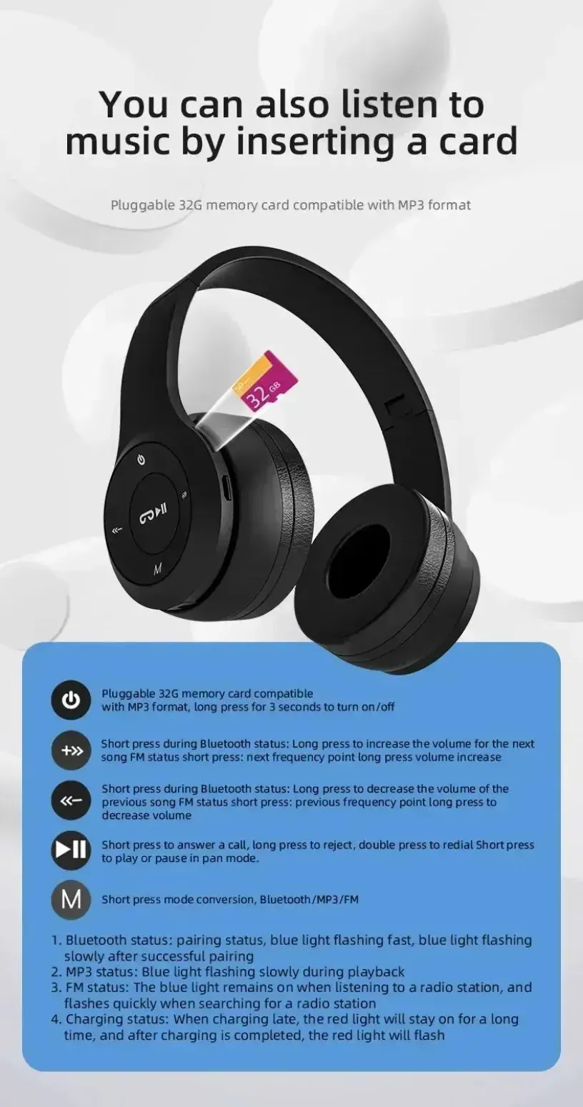 Wireless Bluetooth 5.0 Headphones with TF Card & Wired Option - Foldable Over-Ear Headset for Sports, Gaming, and Calls - Compatible with Huawei, Xiaomi, Apple, Android showcase 5