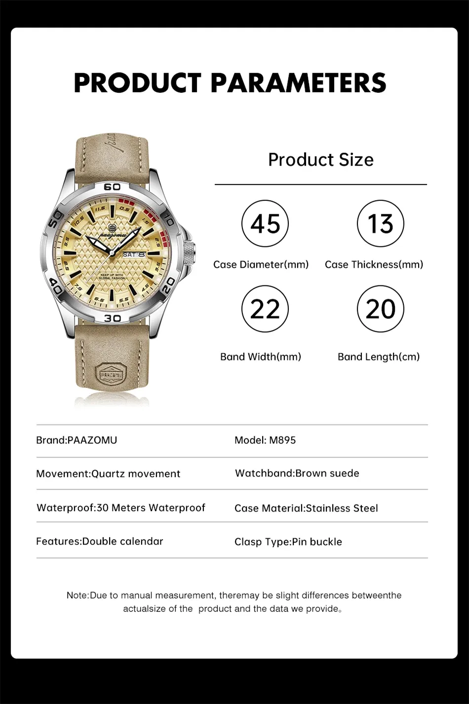PAAZOMU Men's Luxury Quartz Watch - Waterproof Stainless Steel Fashion Sports Chronograph with Luminous Display, Date, and Week Functionality showcase 6