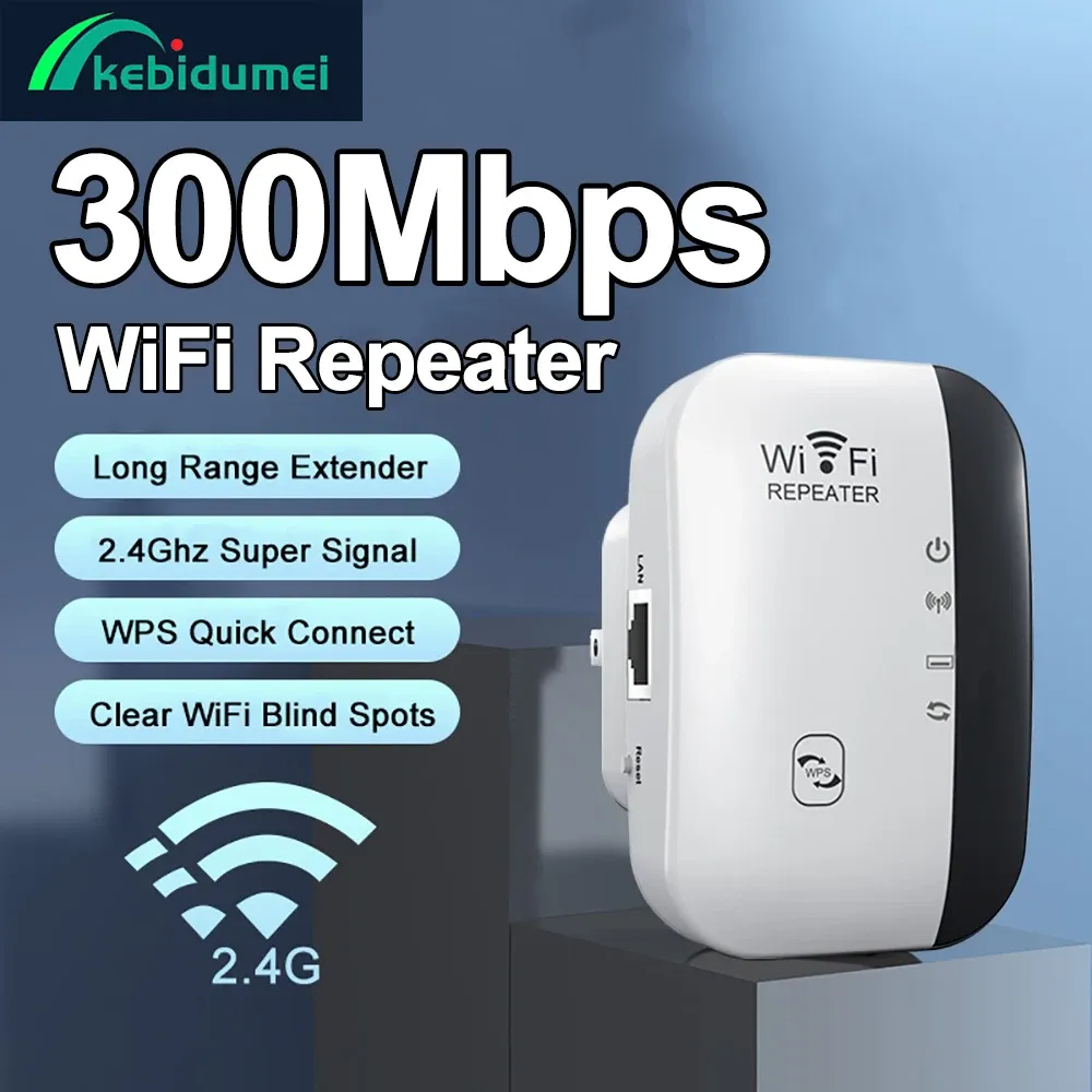 300Mbps WiFi Repeater Extender Booster - Long Range Wireless Amplifier with WPS, AP Mode, LAN Port for Seamless Home & Office Network Coverage