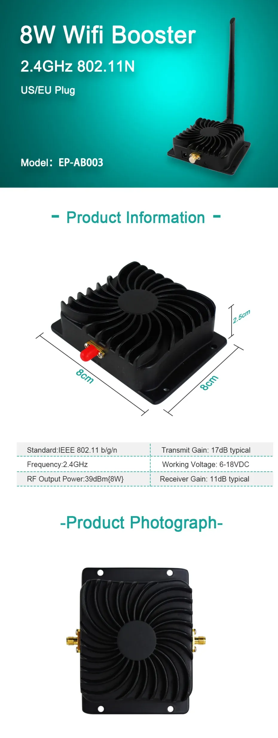 EDUP 8W WiFi Booster Amplifier 2.4GHz Router Range Extender, Long Range Wireless Signal Booster for Home Use, SMA Detachable Antenna Compatible showcase 1