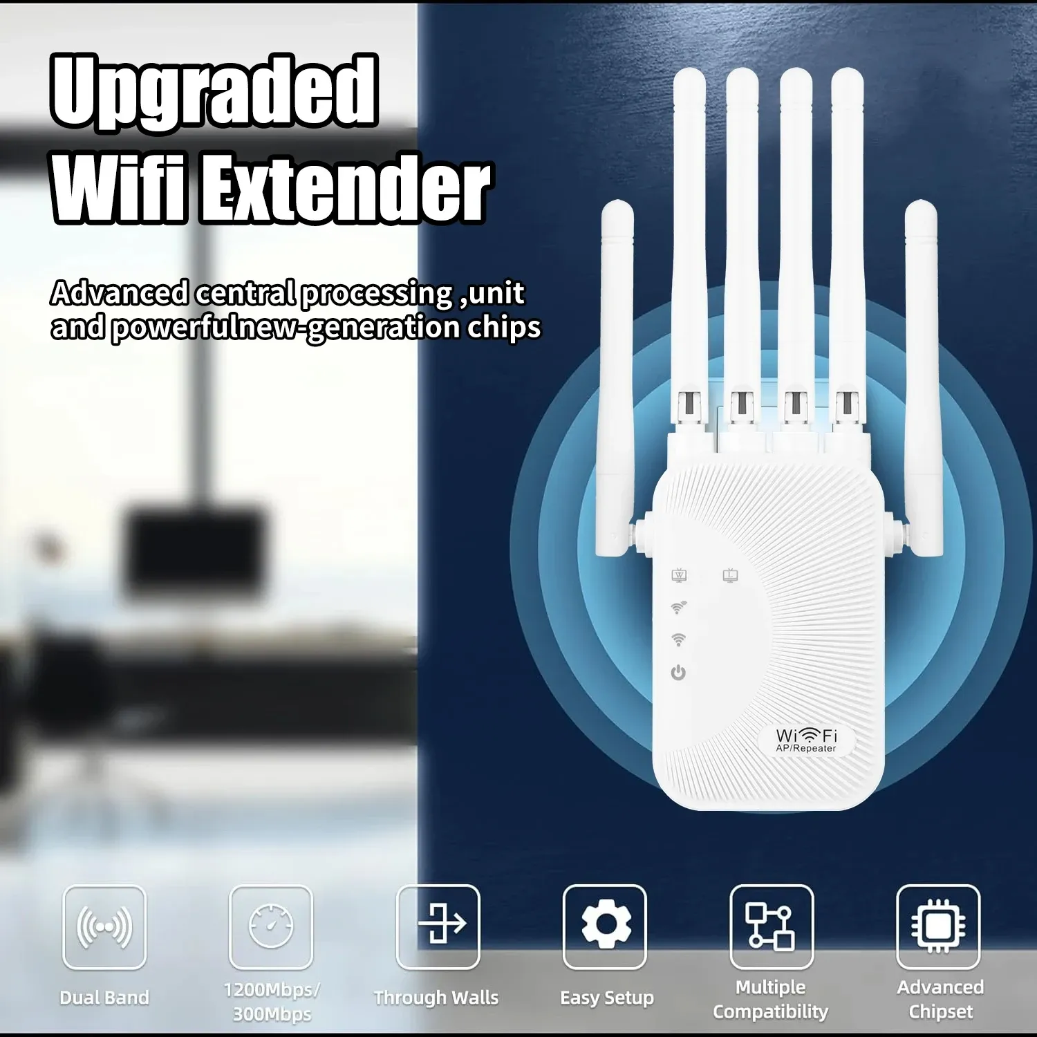 AC1200 WiFi Range Extender Booster, Dual Band 2.4G/5G Network Expander, Eliminate Dead Zones, 4x 2dBi Antennas, 2x Ethernet Ports, Repeater/AP Mode, ABS Material, EU/US Plug thumbnail 5