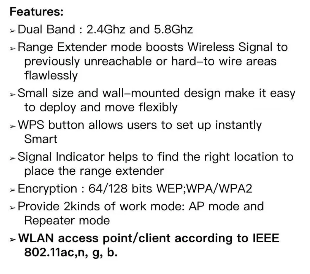 AC1200 WiFi Range Extender Booster, Dual Band 2.4G/5G Network Expander, Eliminate Dead Zones, 4x 2dBi Antennas, 2x Ethernet Ports, Repeater/AP Mode, ABS Material, EU/US Plug showcase 4