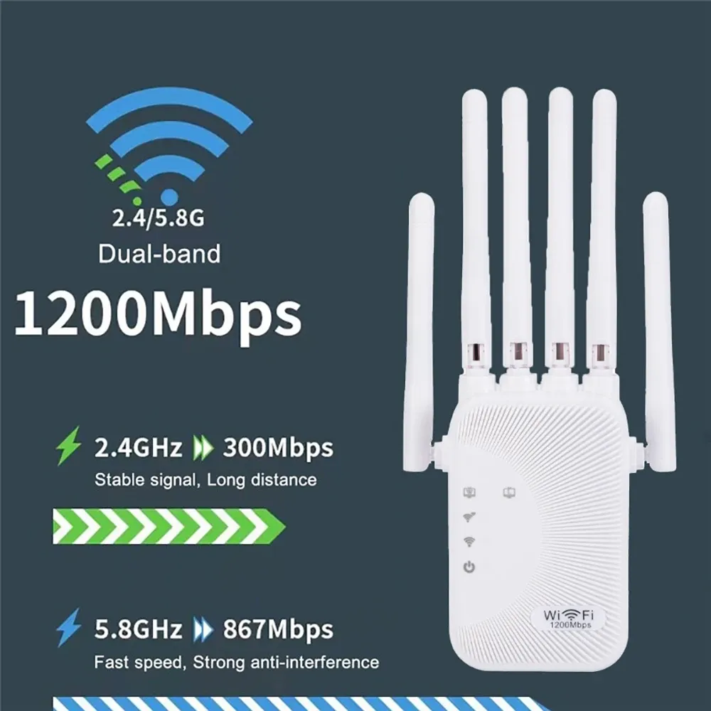 AC1200M Dual Band WiFi Repeater Extender 1200Mbps 2.4G/5GHz Signal Booster with 4 High Gain Antennas, Eliminate Dead Zones for Home & Office thumbnail 2
