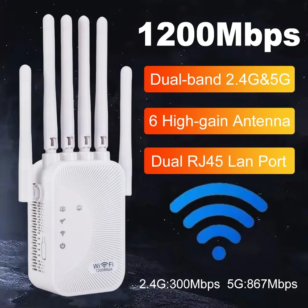 AC1200M Dual Band WiFi Repeater Extender 1200Mbps 2.4G/5GHz Signal Booster with 4 High Gain Antennas, Eliminate Dead Zones for Home & Office showcase 1