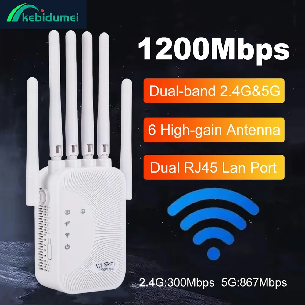 AC1200M Dual Band WiFi Repeater Extender 1200Mbps 2.4G/5GHz Signal Booster with 4 High Gain Antennas, Eliminate Dead Zones for Home & Office