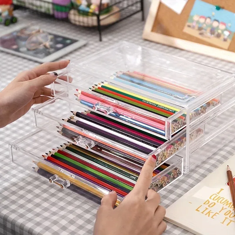 3/5 Layer Clear Acrylic Drawer Organizer for Desk, Large Transparent Desktop Storage Box with Pencil Holder, Home Office Accessories Display Caddy thumbnail 3