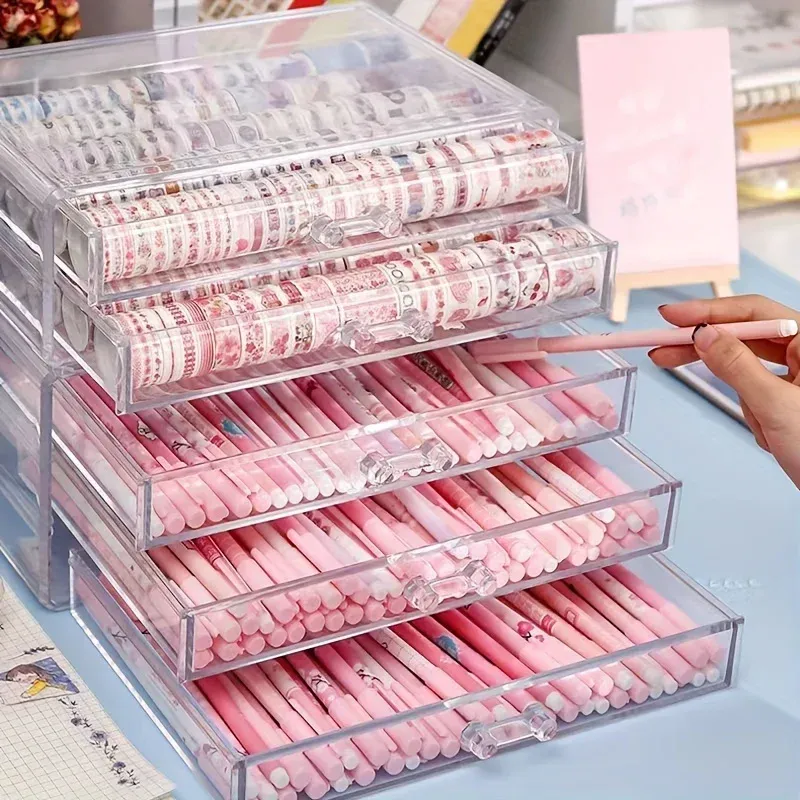 3/5 Layer Clear Acrylic Drawer Organizer for Desk, Large Transparent Desktop Storage Box with Pencil Holder, Home Office Accessories Display Caddy thumbnail 2
