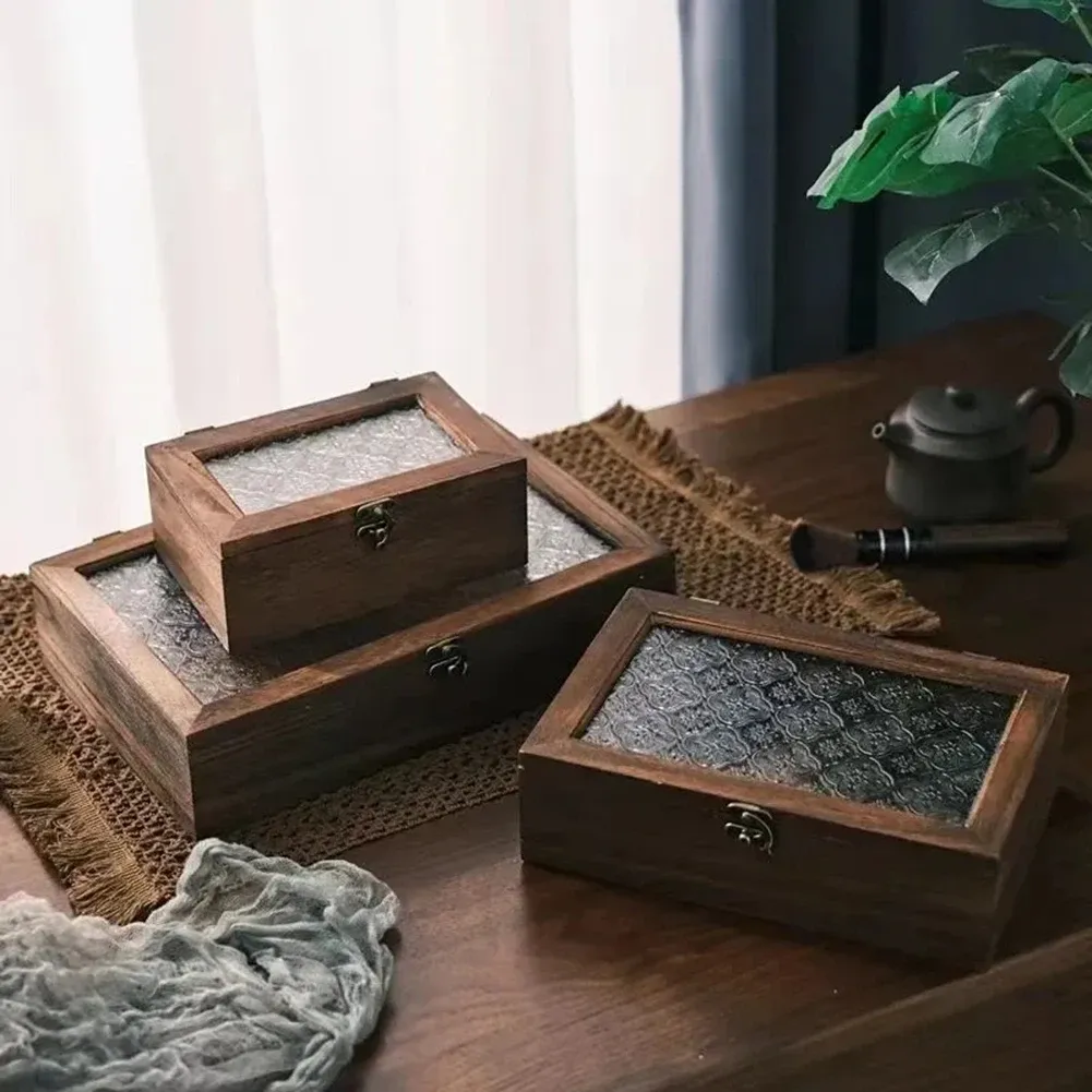 Nordic Retro Solid Wood Begonia Flower Glass Hinged Storage Box - Decorative Desktop Organizer for Jewelry, Cosmetics, Stationery showcase 1