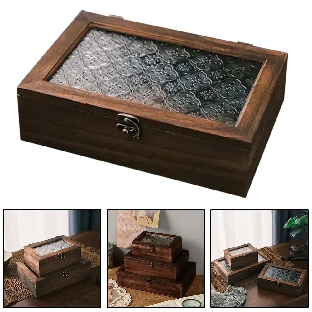 Nordic Retro Solid Wood Begonia Flower Glass Hinged Storage Box - Decorative Desktop Organizer for Jewelry, Cosmetics, Stationery showcase 2