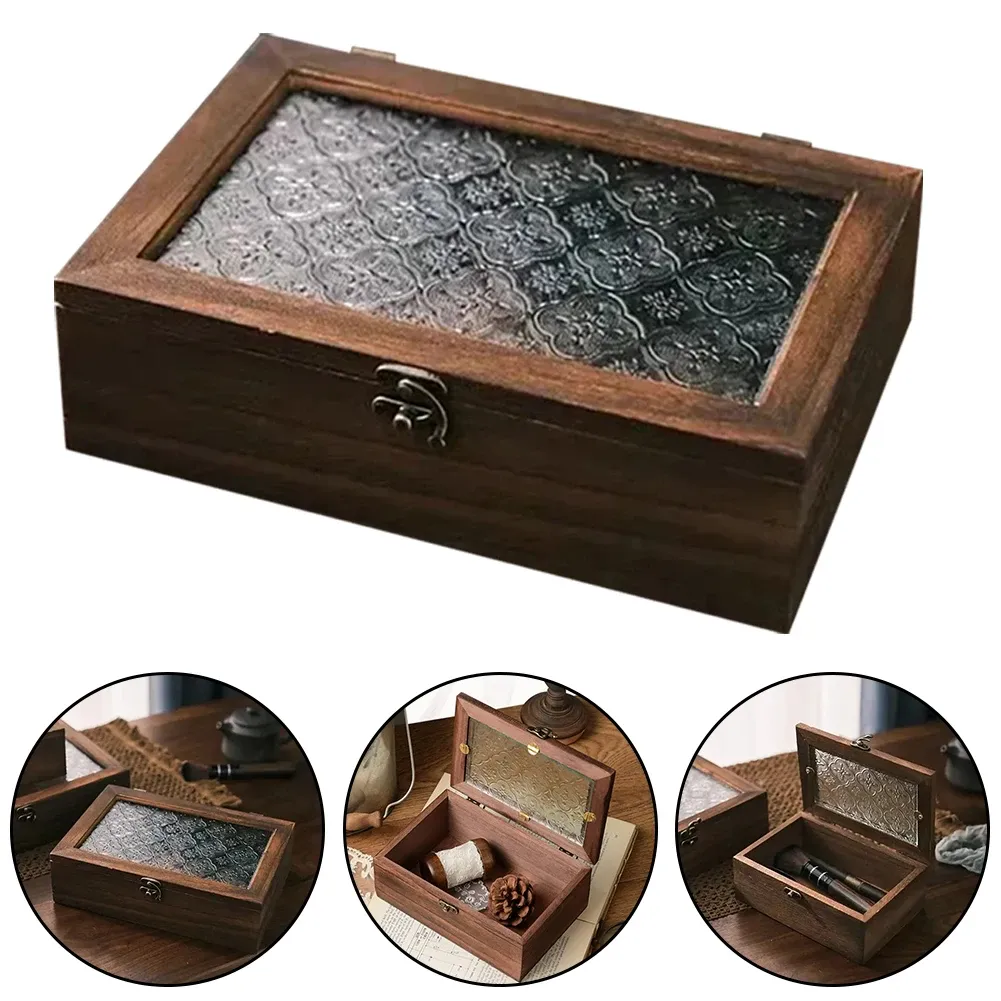 Nordic Retro Solid Wood Begonia Flower Glass Hinged Storage Box - Decorative Desktop Organizer for Jewelry, Cosmetics, Stationery thumbnail 2