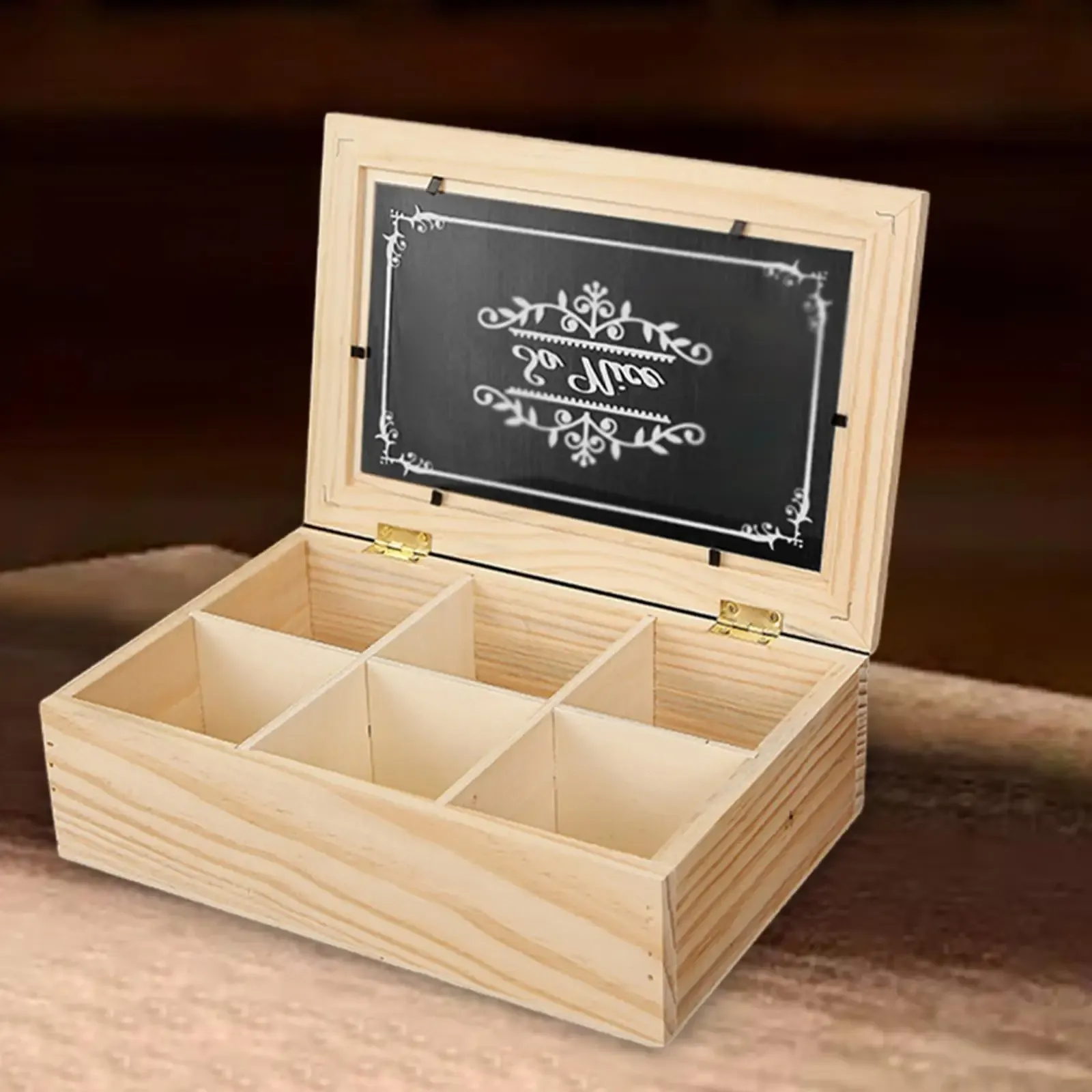 Wooden Tea Box Organizer with Transparent Lid - 6 Grids Multifunctional Storage Holder for Tea Bags, Coffee Condiments, Kitchen Cabinet Decor thumbnail 2