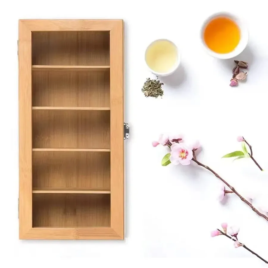 Portable Bamboo Tea Bag Storage Box Organizer with 5 Compartments - Multipurpose Tea Packet Holder for Home, Office, Spices, and Small Items thumbnail 3
