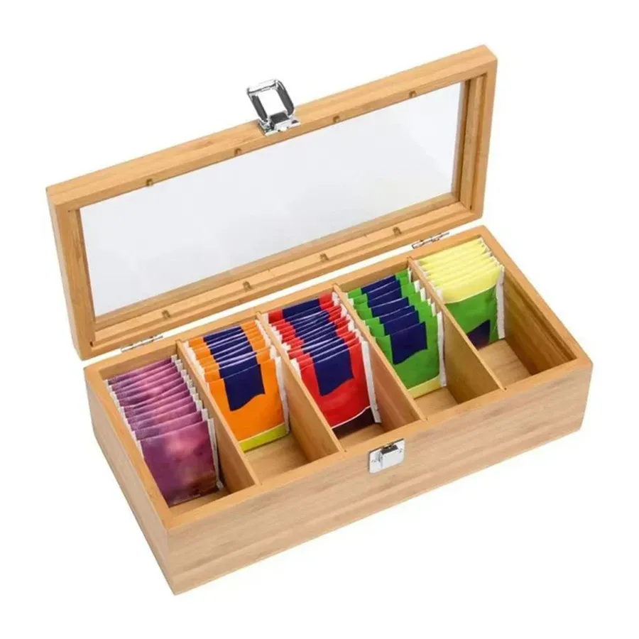 Portable Bamboo Tea Bag Storage Box Organizer with 5 Compartments - Multipurpose Tea Packet Holder for Home, Office, Spices, and Small Items
