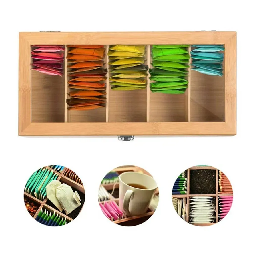 Portable Bamboo Tea Bag Storage Box Organizer with 5 Compartments - Multipurpose Tea Packet Holder for Home, Office, Spices, and Small Items thumbnail 4