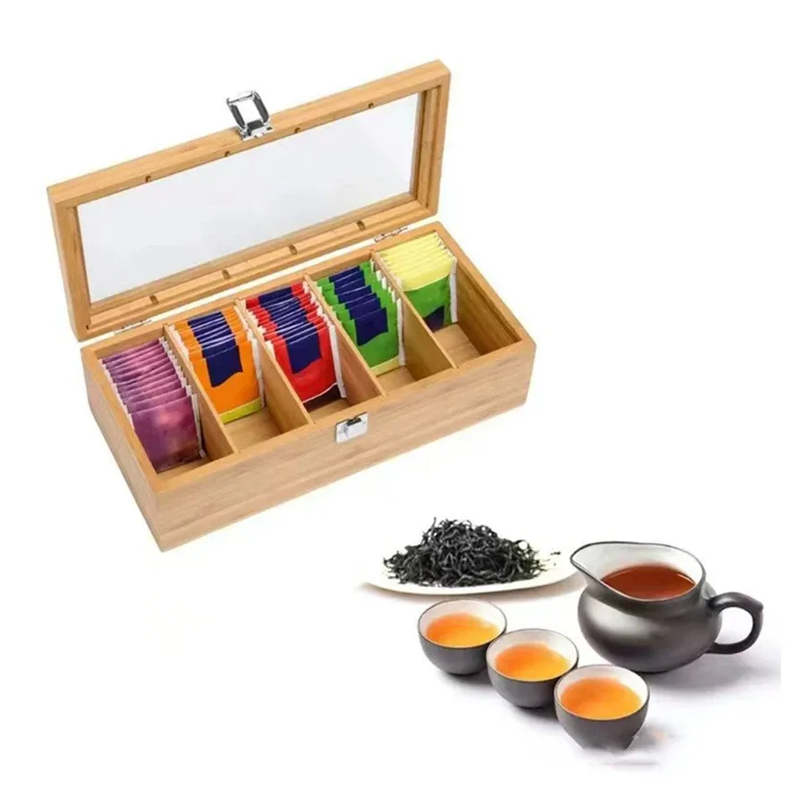 Portable Bamboo Tea Bag Storage Box Organizer with 5 Compartments - Multipurpose Tea Packet Holder for Home, Office, Spices, and Small Items thumbnail 2