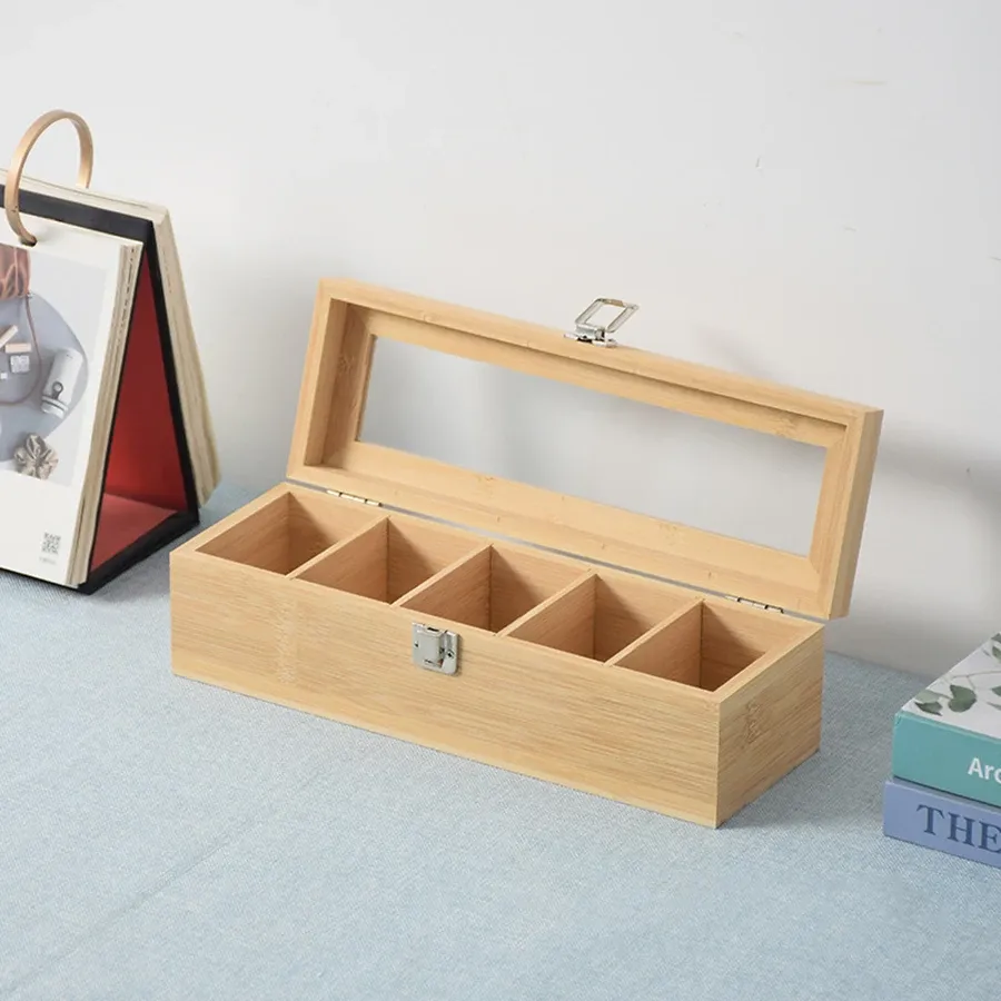 Portable Bamboo Tea Bag Storage Box Organizer with 5 Compartments - Multipurpose Tea Packet Holder for Home, Office, Spices, and Small Items thumbnail 6