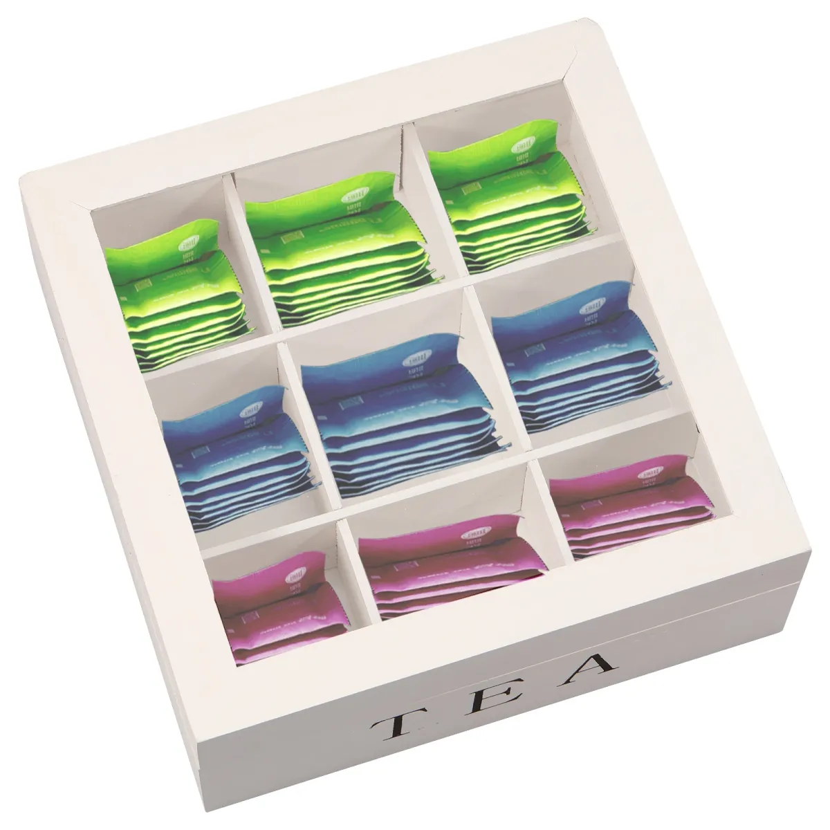 Wooden Tea Bag Storage Box Organizer with Clear Lid, 9 Compartment Square Desktop Container for Tea, Jewelry, Craft Supplies, Home Office showcase 2